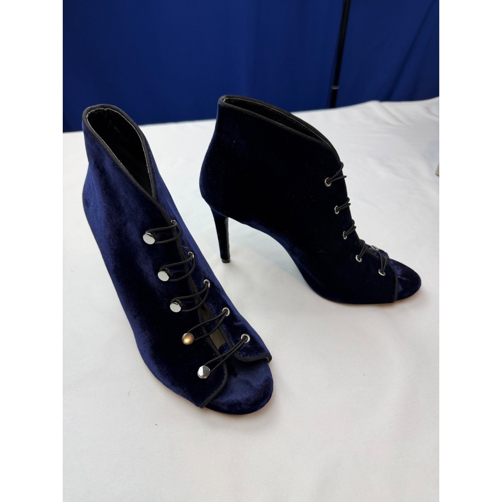Enzo Angiolini Franses Navy Blue Velvet Peep Toe Booties Heel 7.5M EP-FRANSES